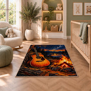 campfire guitar night rug in a nursery with a crib and armchair