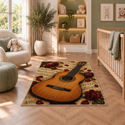 classical guitar sheet music rug in a nursery with a crib and armchair
