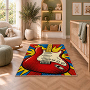 pop art electric guitar rug in a nursery with a crib and armchair