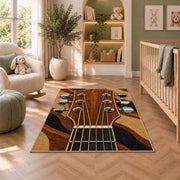 guitar headstock rug in a nursery with a crib and armchair