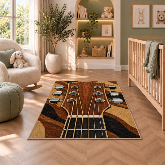 guitar headstock rug in a nursery with a crib and armchair
