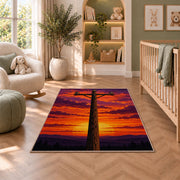 power line pole sunset rug in a nursery with a crib and armchair