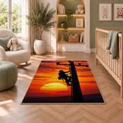 lineman climbing pole silhouette rug in a nursery with a crib and armchair