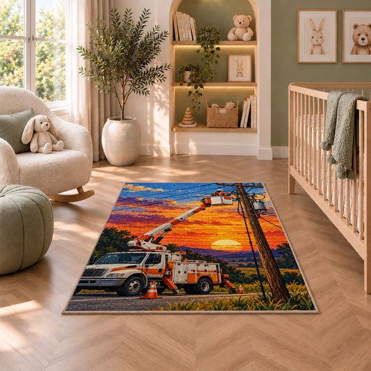 bucket truck lineman rug in a nursery with a crib and armchair