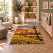 power lines wheat field rug in a nursery with a crib and armchair