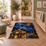 storm lineman bucket truck rug in a nursery with a crib and armchair