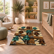 vintage glass insulator rug in a nursery with a crib and armchair