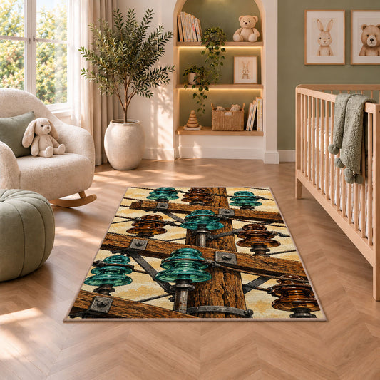 vintage glass insulator rug in a nursery with a crib and armchair