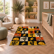 checkered lineman icons rug in a nursery with a crib and armchair