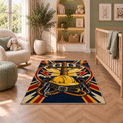 lineman badge rug in a nursery with a crib and armchair