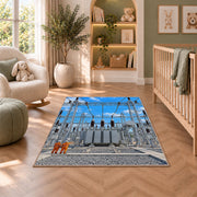 electrical substation rug in a nursery with a crib and armchair