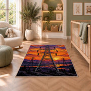 high voltage tower sunset rug in a nursery with a crib and armchair