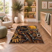 lineman climbing gear rug in a nursery with a crib and armchair