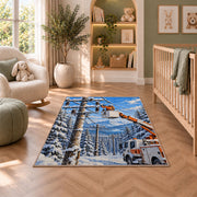 winter lineman bucket truck rug in a nursery with a crib and armchair