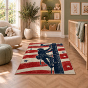 patriotic lineman silhouette rug in a nursery with a crib and armchair