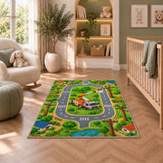 kids lineman road play rug in a nursery with a crib and armchair