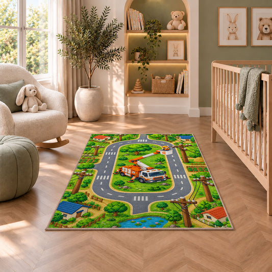 kids lineman road play rug in a nursery with a crib and armchair