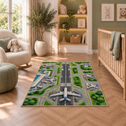Airport Runway Rug in a nursery with a crib and armchair