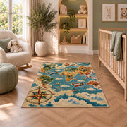 Vintage World Map Rug in a nursery with a crib and armchair