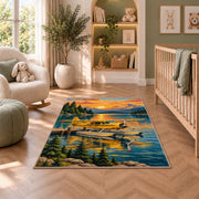 Seaplane Lake Rug in a nursery with a crib and armchair
