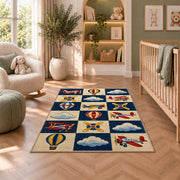 Retro Airplane Checkered Rug in a nursery with a crib and armchair