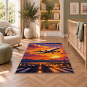 Jet Takeoff Sunset Rug in a nursery with a crib and armchair