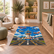 Control Tower Rug in a nursery with a crib and armchair