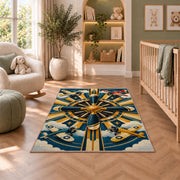 Art Deco Propeller Rug in a nursery with a crib and armchair