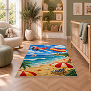 Beach Airplane Banner Rug in a nursery with a crib and armchair