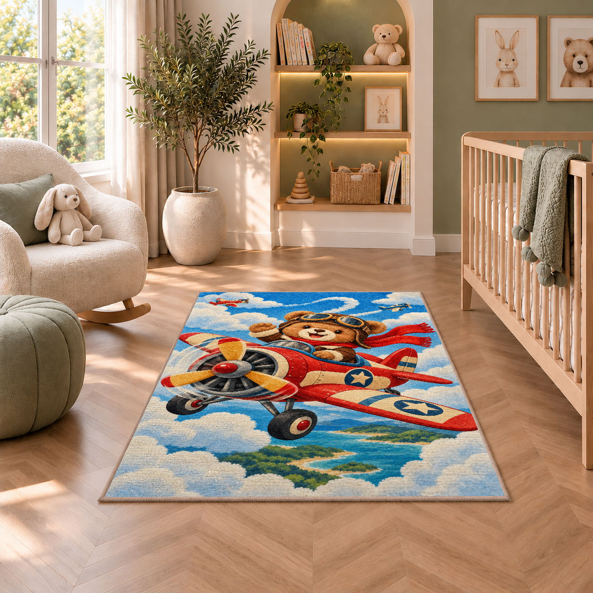 Teddy Bear Pilot Rug in a nursery with a crib and armchair