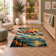 Retro Aviation Poster Rug in a nursery with a crib and armchair