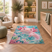 Cute Pink Axolotl Rug in a nursery with a crib and armchair