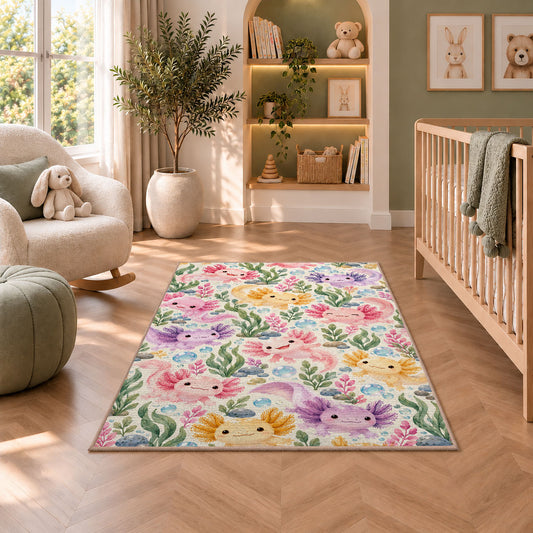 Axolotl Pattern Rug in a nursery with a crib and armchair