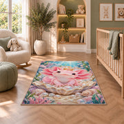 Axolotl Princess Rug in a nursery with a crib and armchair