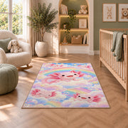Rainbow Axolotl Rug in a nursery with a crib and armchair