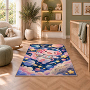 Astronaut Axolotl Rug in a nursery with a crib and armchair