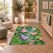 Axolotl Pond Rug in a nursery with a crib and armchair