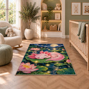 Sleeping Axolotl Rug in a nursery with a crib and armchair