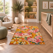 Retro Groovy Axolotl Rug in a nursery with a crib and armchair