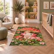 Axolotl Mushroom Rug in a nursery with a crib and armchair