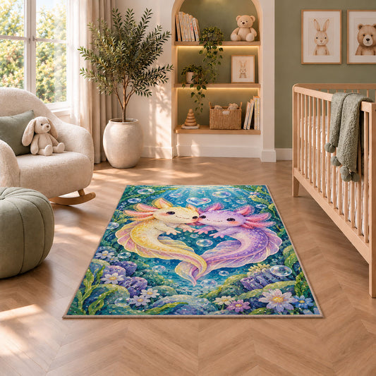 Axolotl Love Rug in a nursery with a crib and armchair