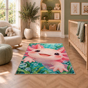 Big Axolotl Face Rug in a nursery with a crib and armchair