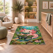 Axolotl Reading Book Rug in a nursery with a crib and armchair