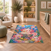Axolotl Birthday Party Rug in a nursery with a crib and armchair
