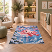 Winter Axolotl Rug in a nursery with a crib and armchair