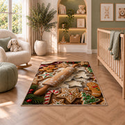 Gingerbread baking rug in a nursery with a crib and armchair