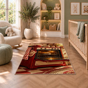 Vintage red oven rug in a nursery with a crib and armchair