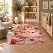 Strawberry tiered cake rug in a nursery with a crib and armchair