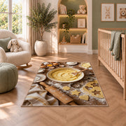 Baking flat lay rug in a nursery with a crib and armchair