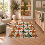 Christmas cookie grid rug in a nursery with a crib and armchair
